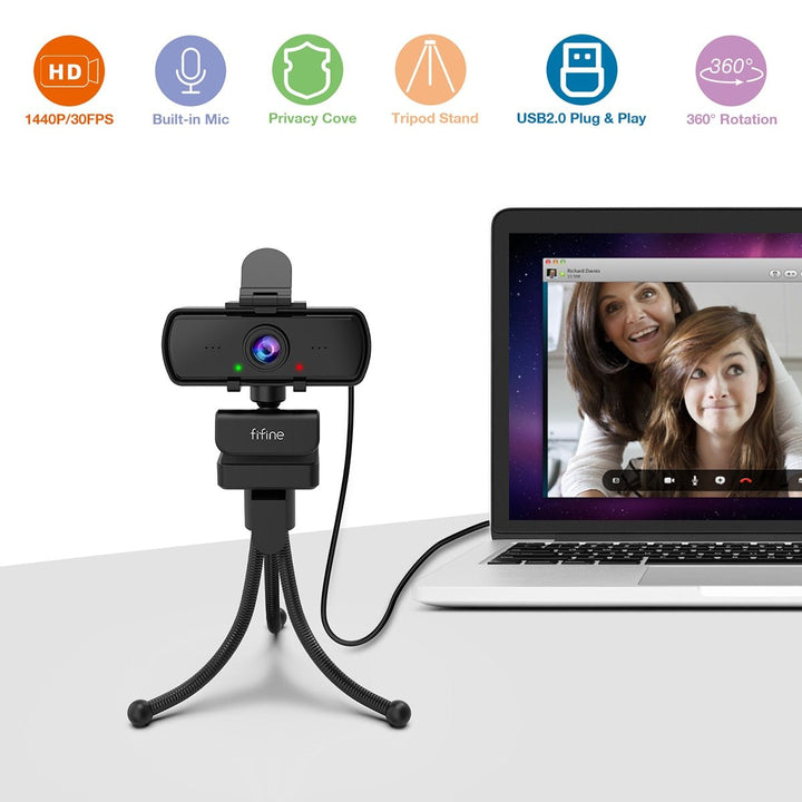 1440p Full HD PC Webcam w Microphone, tripod, for USB Desktop & Laptop, Live Streaming Webcam: Video Calling-K420-7