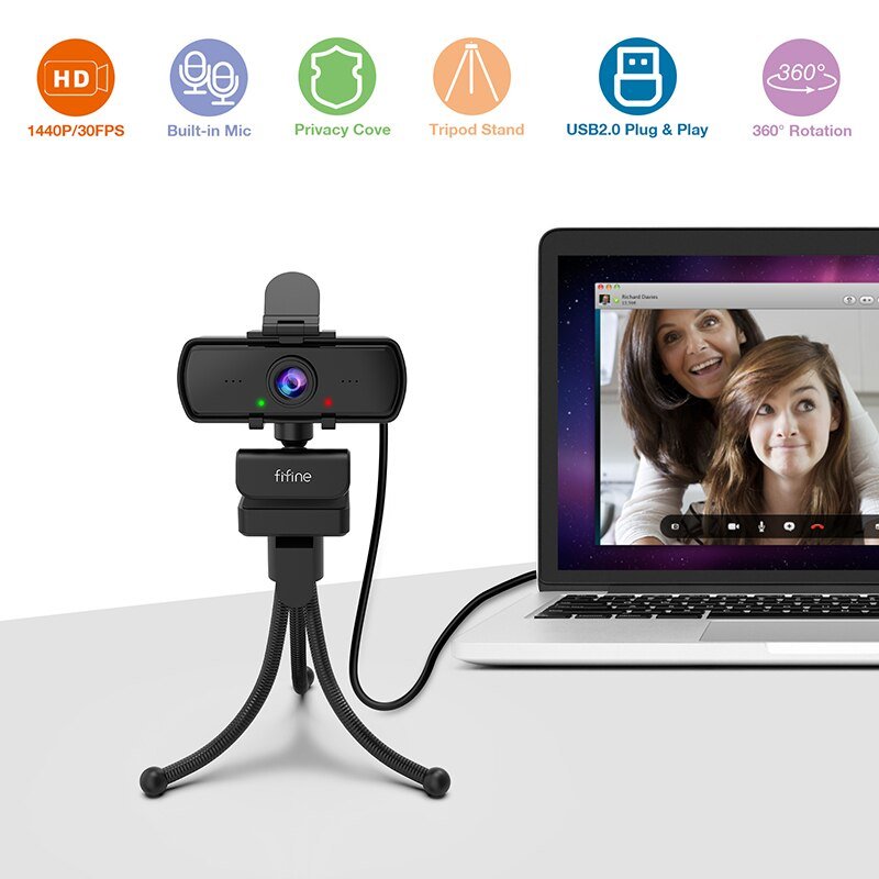 1440p Full HD PC Webcam w Microphone, tripod, for USB Desktop & Laptop, Live Streaming Webcam: Video Calling-K420-2