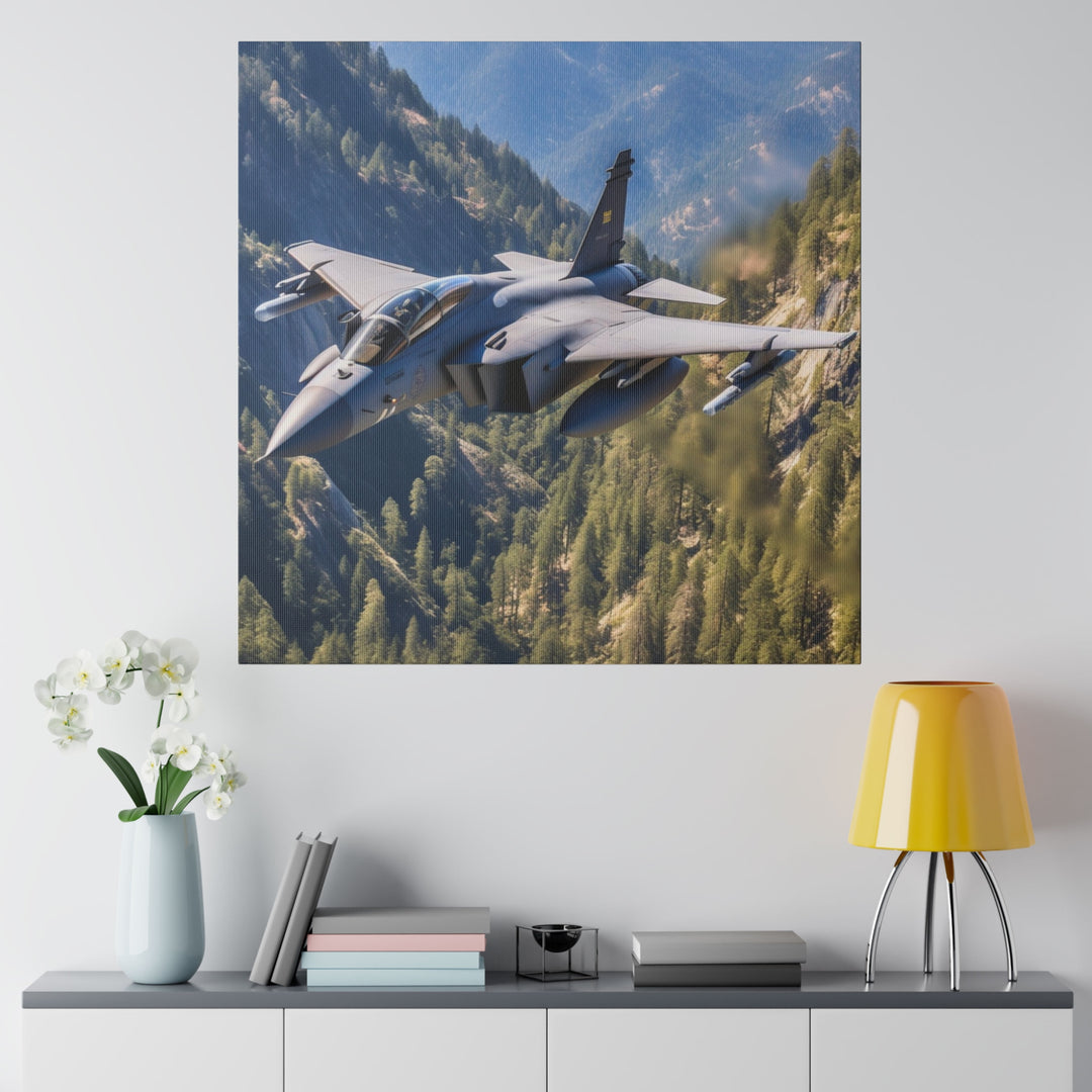 SAAB Jas 39 Gripen US Fighter Stealth Jet flying through Sequoia National Forrest - Matte Canvas, Stretched, 0.75"