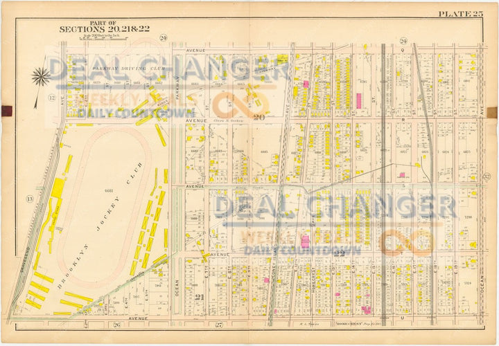 1907 MIDWOOD OLD BROOKLYN CITY MAP CONEY ISLAND AVE PARKWAY DRIVING CLUB AVE Q-U