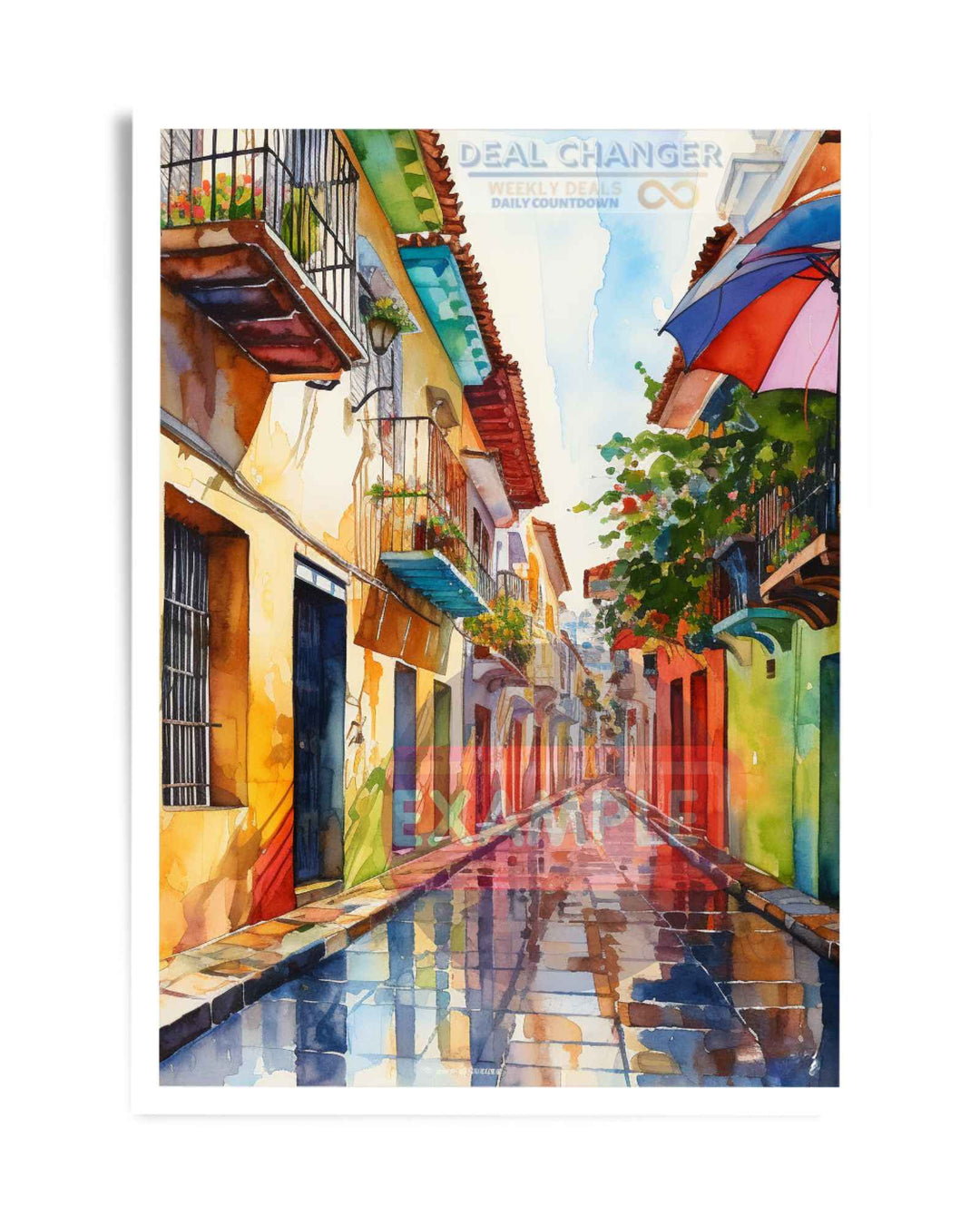 Vibrant Cartagena - Umbrella Street | Colombia Watercolor Vertical Canvas | 16" x 20" + Many Sizes