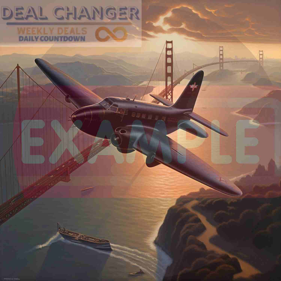 Classic Elegance: Douglas DC3 Style Plane Soaring by Golden Gate Bridge | Instant Digital Art Download Printable JPG PDF US Aircraft Image