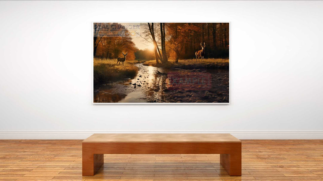 Autumn Serenity: High Detail Deer Drinking along Brook 16:9 Landscape | Hanging Wall Art Canvas | Many Sizes