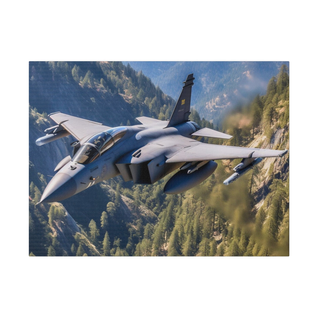 SAAB Jas 39 Gripen US Fighter Stealth Jet flying through Sequoia National Forrest - Matte Canvas, Stretched, 0.75"