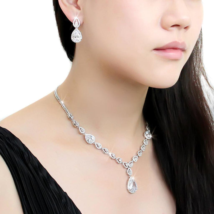 3W1427 - Rhodium Brass Jewelry Sets with AAA Grade CZ  in Clear-5
