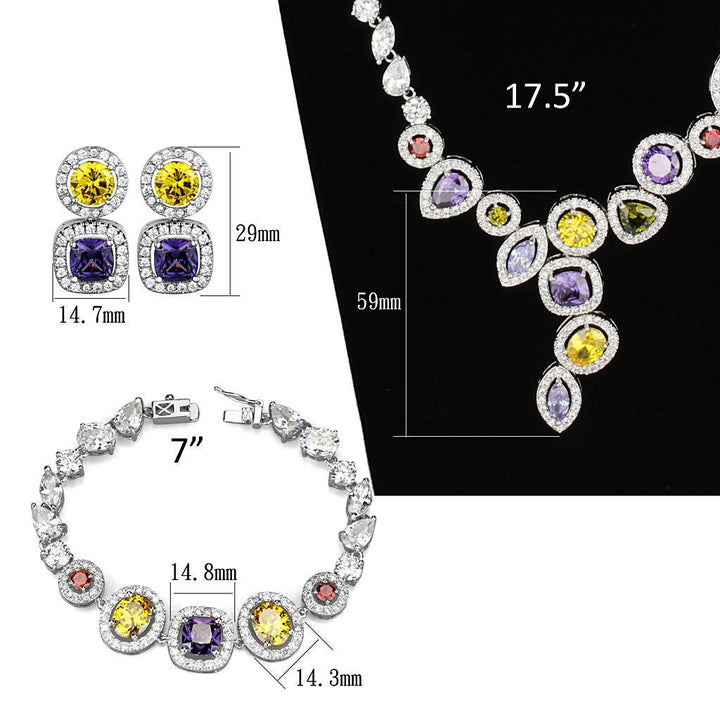 3W930 - Rhodium Brass Jewelry Sets with AAA Grade CZ  in Multi Color-4