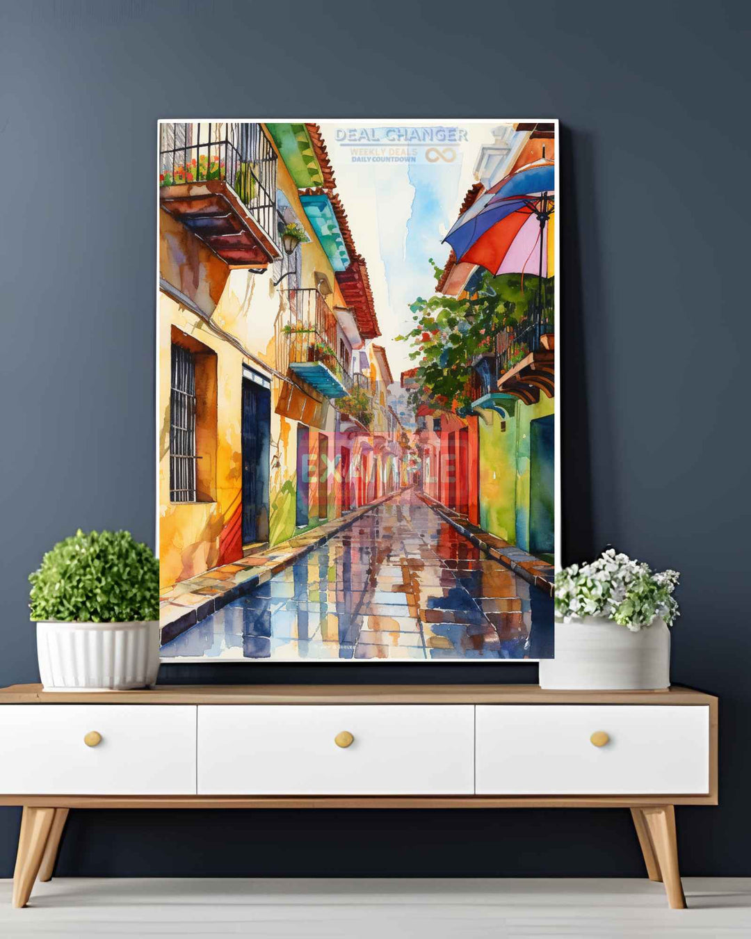 Vibrant Cartagena - Umbrella Street | Colombia Watercolor Vertical Canvas | 16" x 20" + Many Sizes