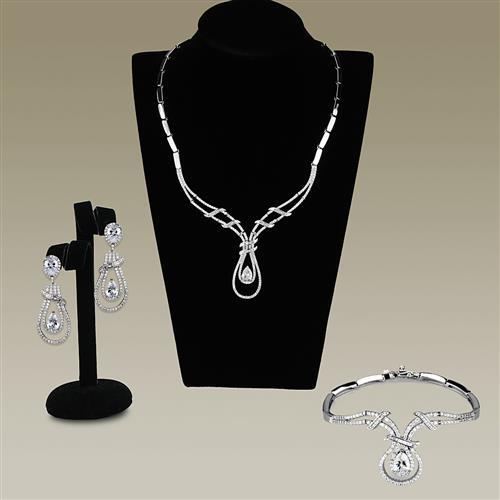 3W1095 - Rhodium Brass Jewelry Sets with AAA Grade CZ  in Clear-0