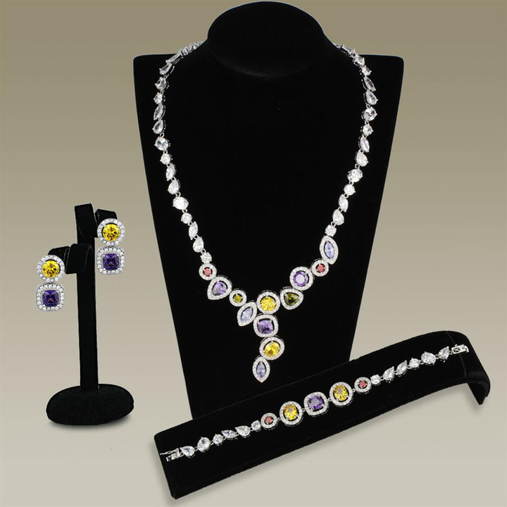 3W930 - Rhodium Brass Jewelry Sets with AAA Grade CZ  in Multi Color-0