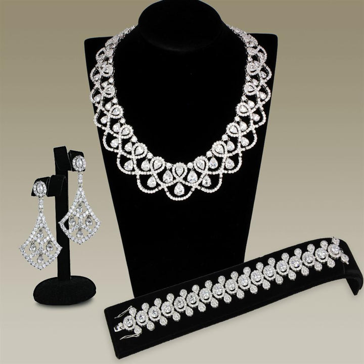 3W931 - Rhodium Brass Jewelry Sets with AAA Grade CZ  in Clear-0