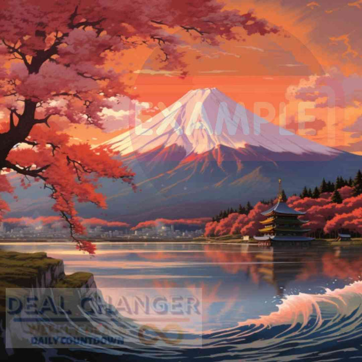 Autumnal Fuji: A Pixel Art Inspired Japanese Watercolor Square Canvas | Many Sizes