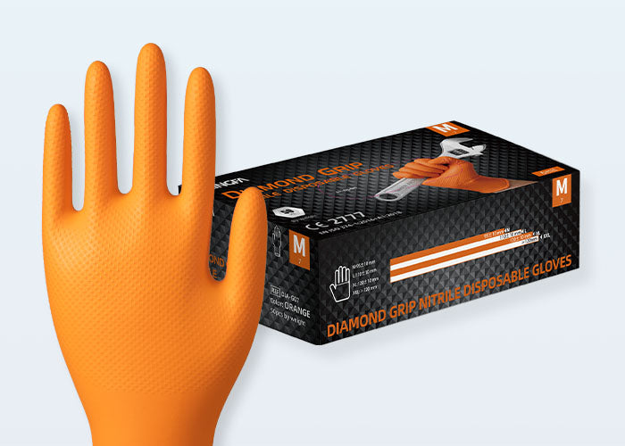disposable gloves, 6mil gloves, diamond textured gloves, orange gloves, DIA-G03, powder-free gloves, Orange nitrile gloves, Food Grade Gloves