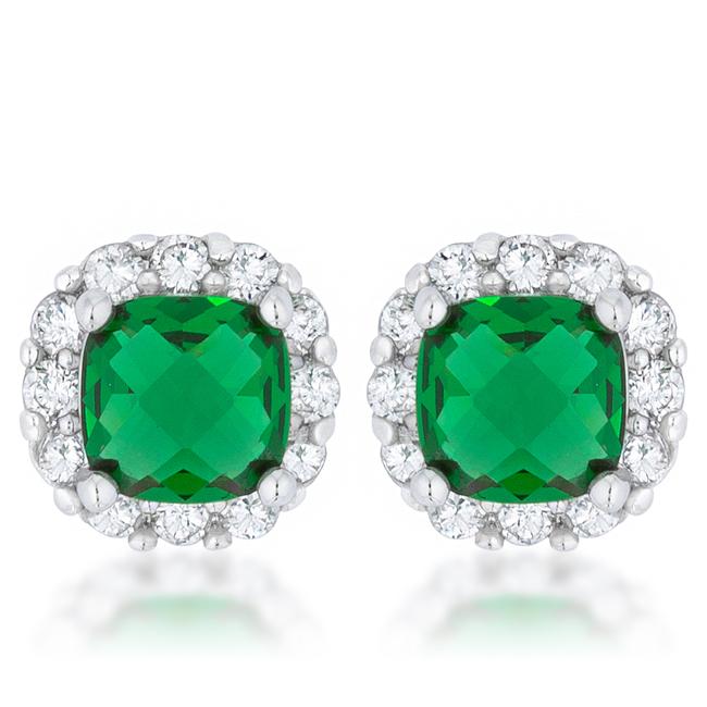 Liz 2ct Emerald CZ Rhodium Classic Cushion Stud Earrings-0
