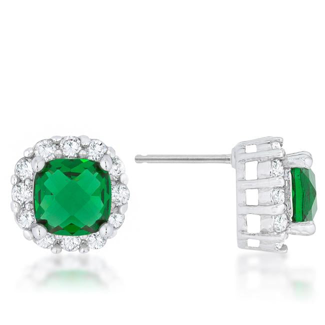 Liz 2ct Emerald CZ Rhodium Classic Cushion Stud Earrings-2