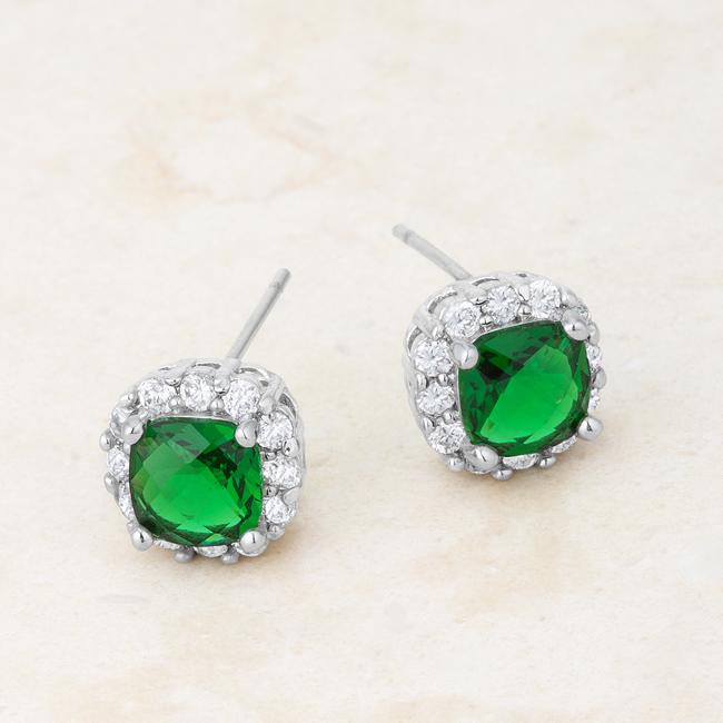 Liz 2ct Emerald CZ Rhodium Classic Cushion Stud Earrings-1
