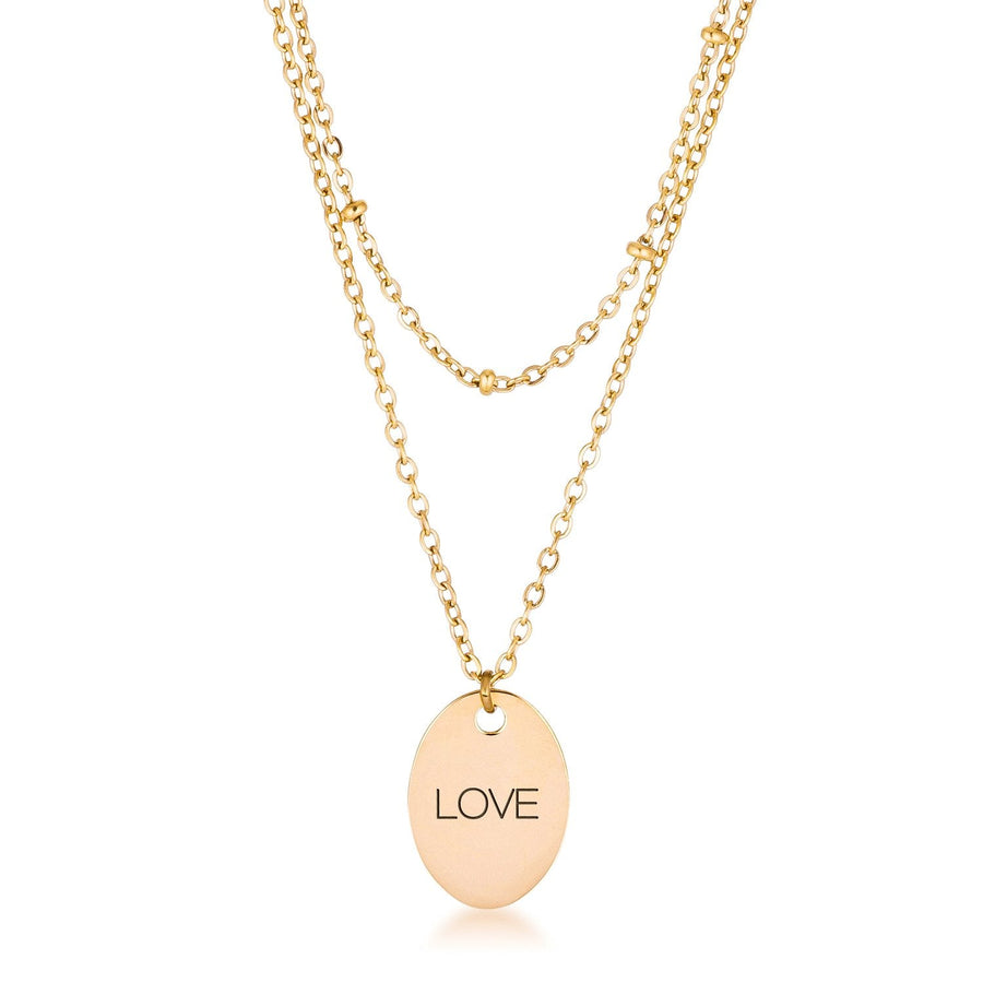 This classy necklace features a simple oval pendant inscribed with LOVE hanging from a cable chain. An inner saturn chain adds sophistication to-0