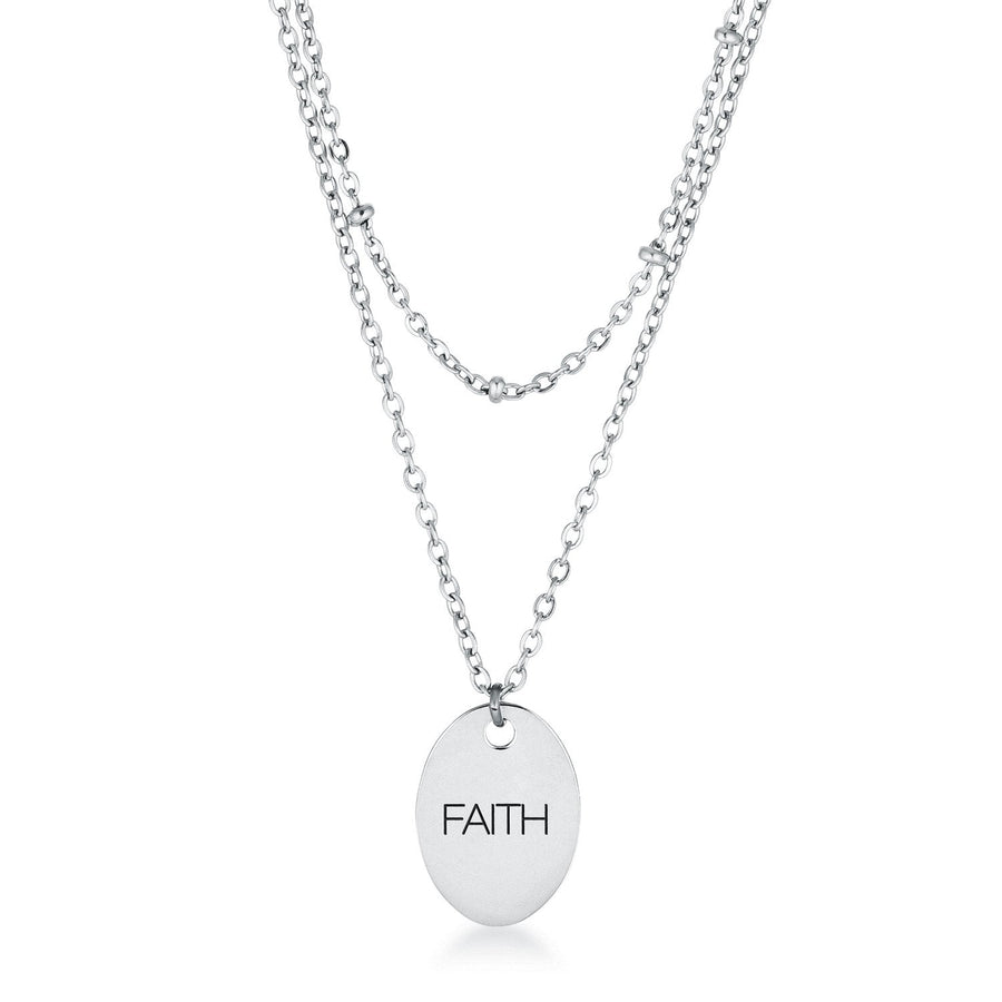 This classy necklace features a simple oval pendant inscribed with FAITH hanging from a cable chain. An inner saturn chain adds sophistication to-0