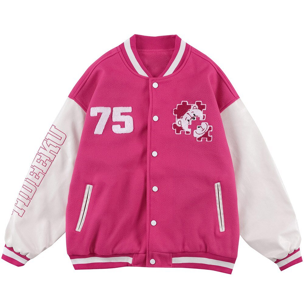 Baseball Jacket Men Furry Bear Patchwork Embroidery Letter Track Coats College Style Casual Outwears Couple Streetwear-3