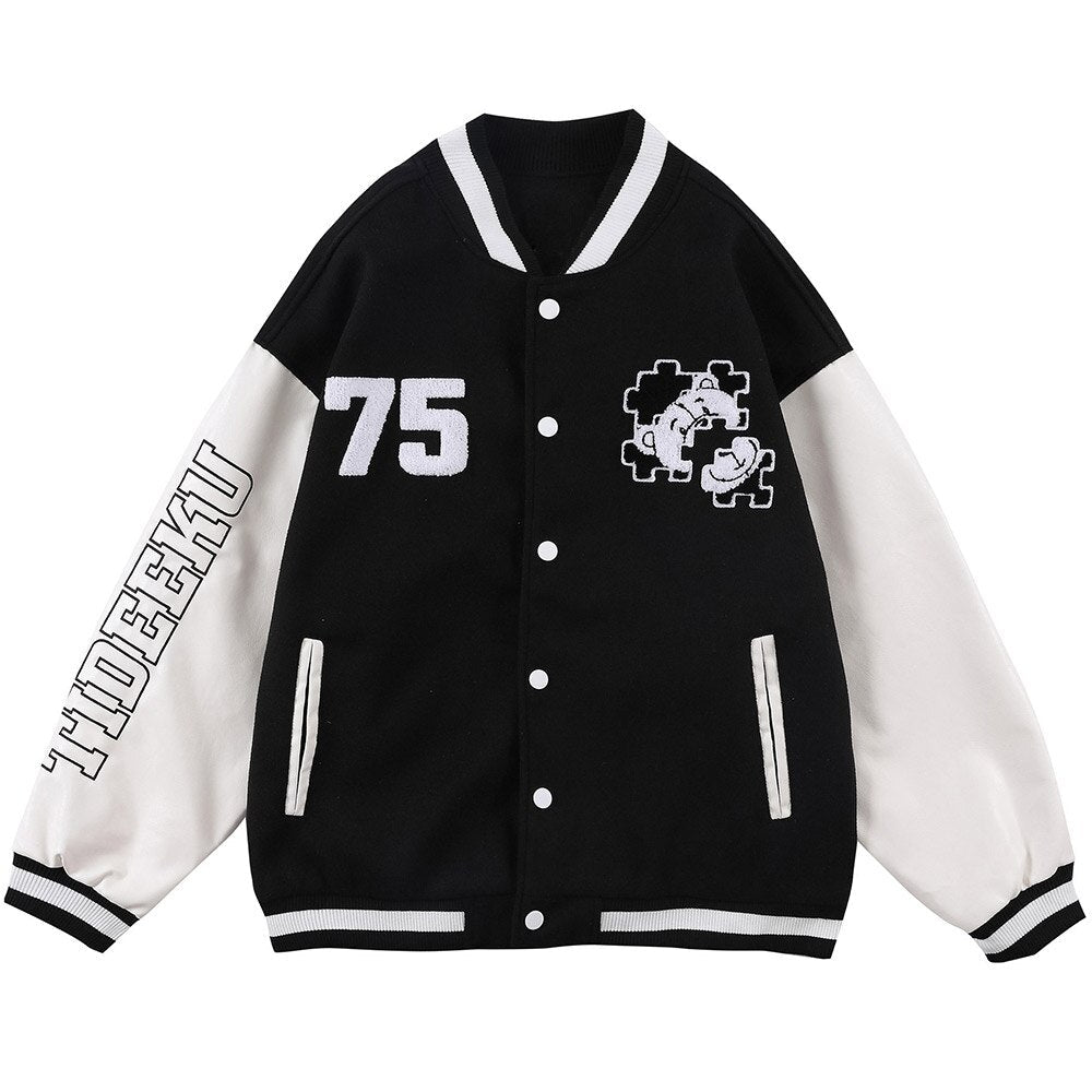 Baseball Jacket Men Furry Bear Patchwork Embroidery Letter Track Coats College Style Casual Outwears Couple Streetwear-2