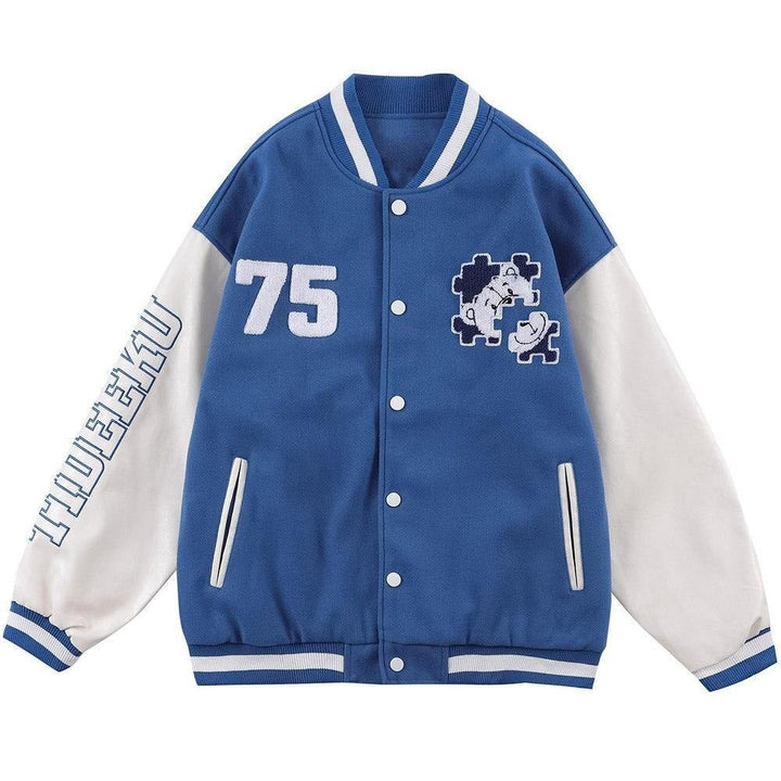 Baseball Jacket Men Furry Bear Patchwork Embroidery Letter Track Coats College Style Casual Outwears Couple Streetwear-0