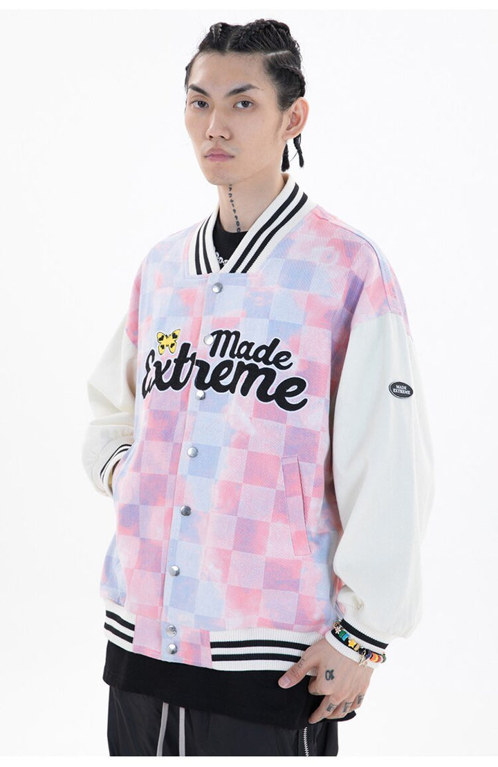 Baseball Jacket Men Tie Dye Checkerboard Printed Patchwork Bomber Coats V-Neck Harajuku College Style Streetwear Spring-11
