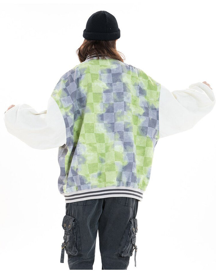 Baseball Jacket Men Tie Dye Checkerboard Printed Patchwork Bomber Coats V-Neck Harajuku College Style Streetwear Spring-8