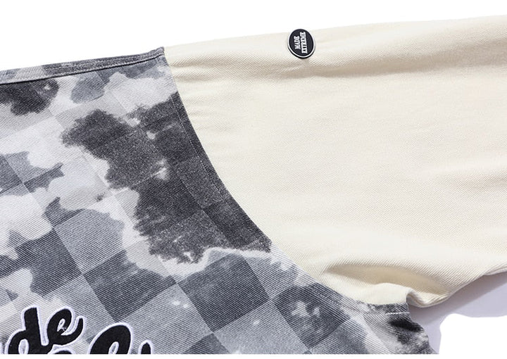Baseball Jacket Men Tie Dye Checkerboard Printed Patchwork Bomber Coats V-Neck Harajuku College Style Streetwear Spring-17