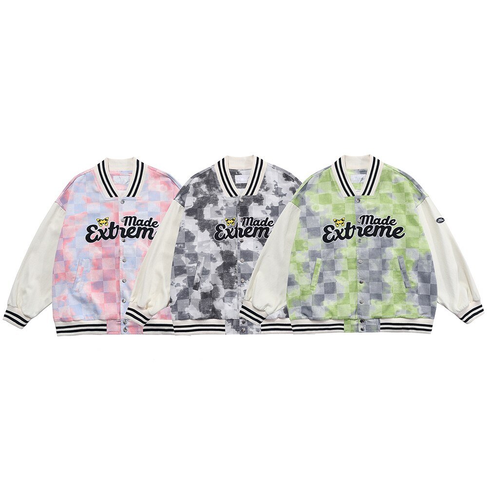Baseball Jacket Men Tie Dye Checkerboard Printed Patchwork Bomber Coats V-Neck Harajuku College Style Streetwear Spring-5
