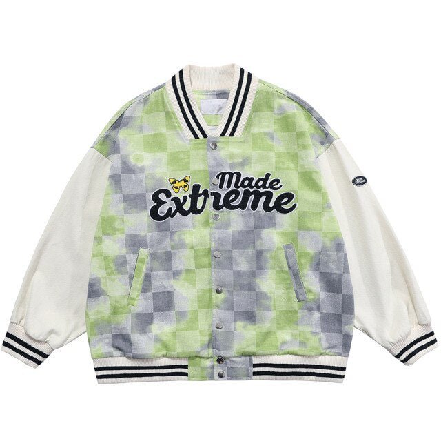 Baseball Jacket Men Tie Dye Checkerboard Printed Patchwork Bomber Coats V-Neck Harajuku College Style Streetwear Spring-3