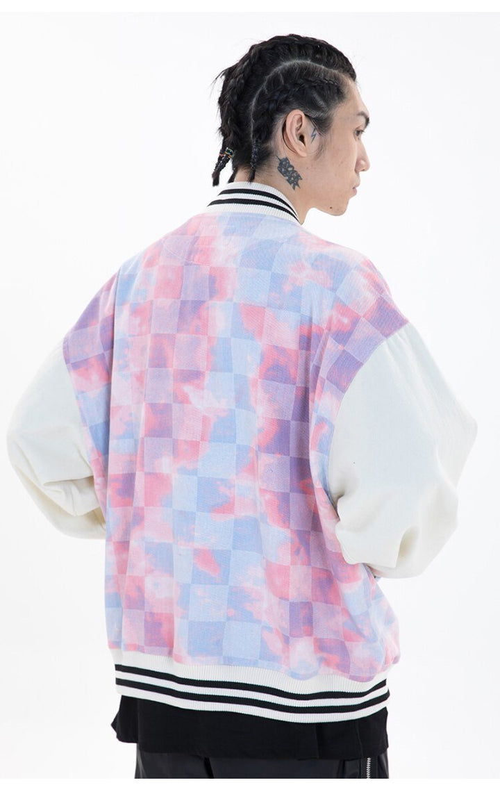 Baseball Jacket Men Tie Dye Checkerboard Printed Patchwork Bomber Coats V-Neck Harajuku College Style Streetwear Spring-12