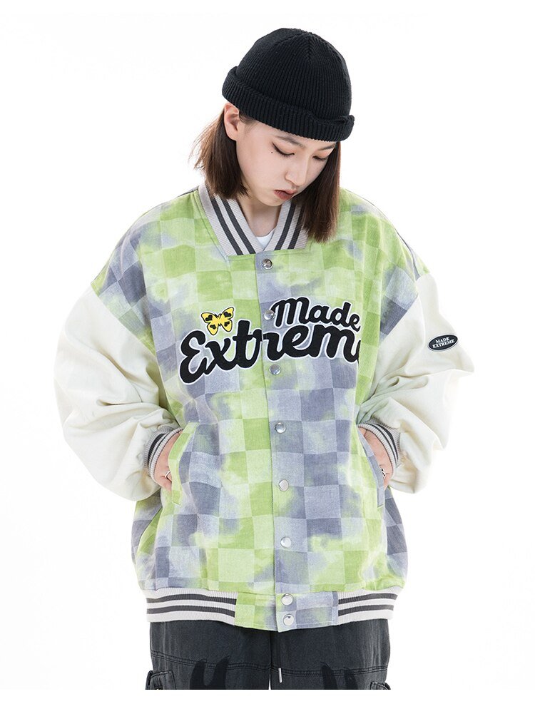 Baseball Jacket Men Tie Dye Checkerboard Printed Patchwork Bomber Coats V-Neck Harajuku College Style Streetwear Spring-7