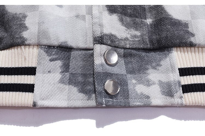 Baseball Jacket Men Tie Dye Checkerboard Printed Patchwork Bomber Coats V-Neck Harajuku College Style Streetwear Spring-18