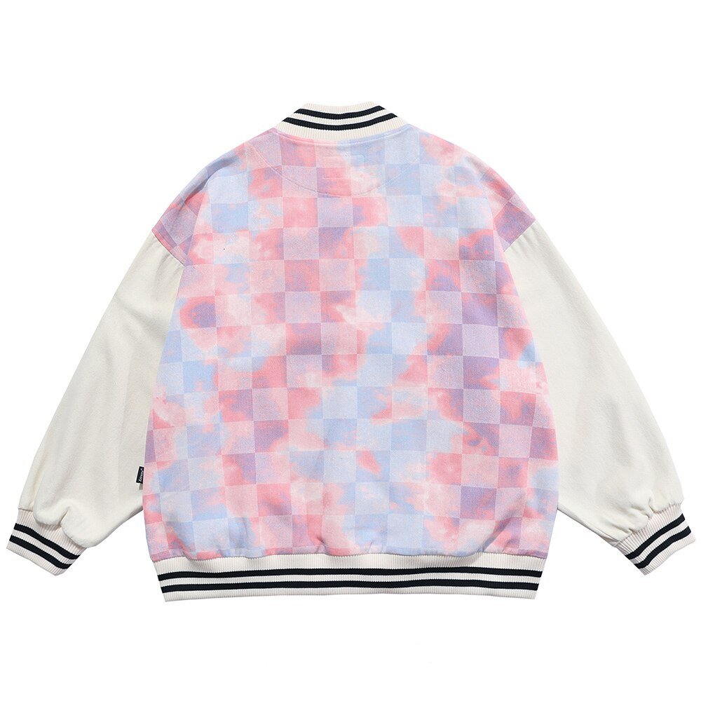Baseball Jacket Men Tie Dye Checkerboard Printed Patchwork Bomber Coats V-Neck Harajuku College Style Streetwear Spring-1