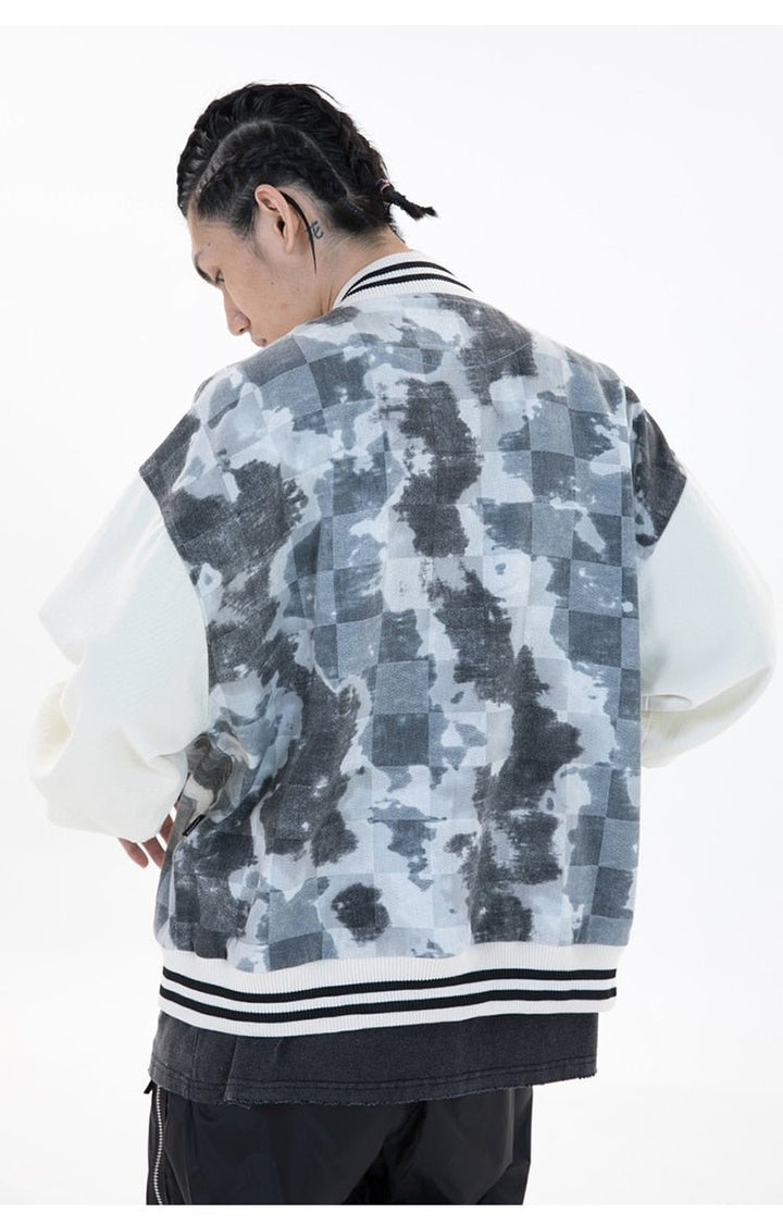 Baseball Jacket Men Tie Dye Checkerboard Printed Patchwork Bomber Coats V-Neck Harajuku College Style Streetwear Spring-10