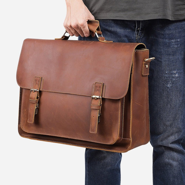 Crazy Horse Leather Large Briefcases Male Messenger Laptop Bag Vintage Men's Genuine Leather Briefcase Business Travel Bag-8