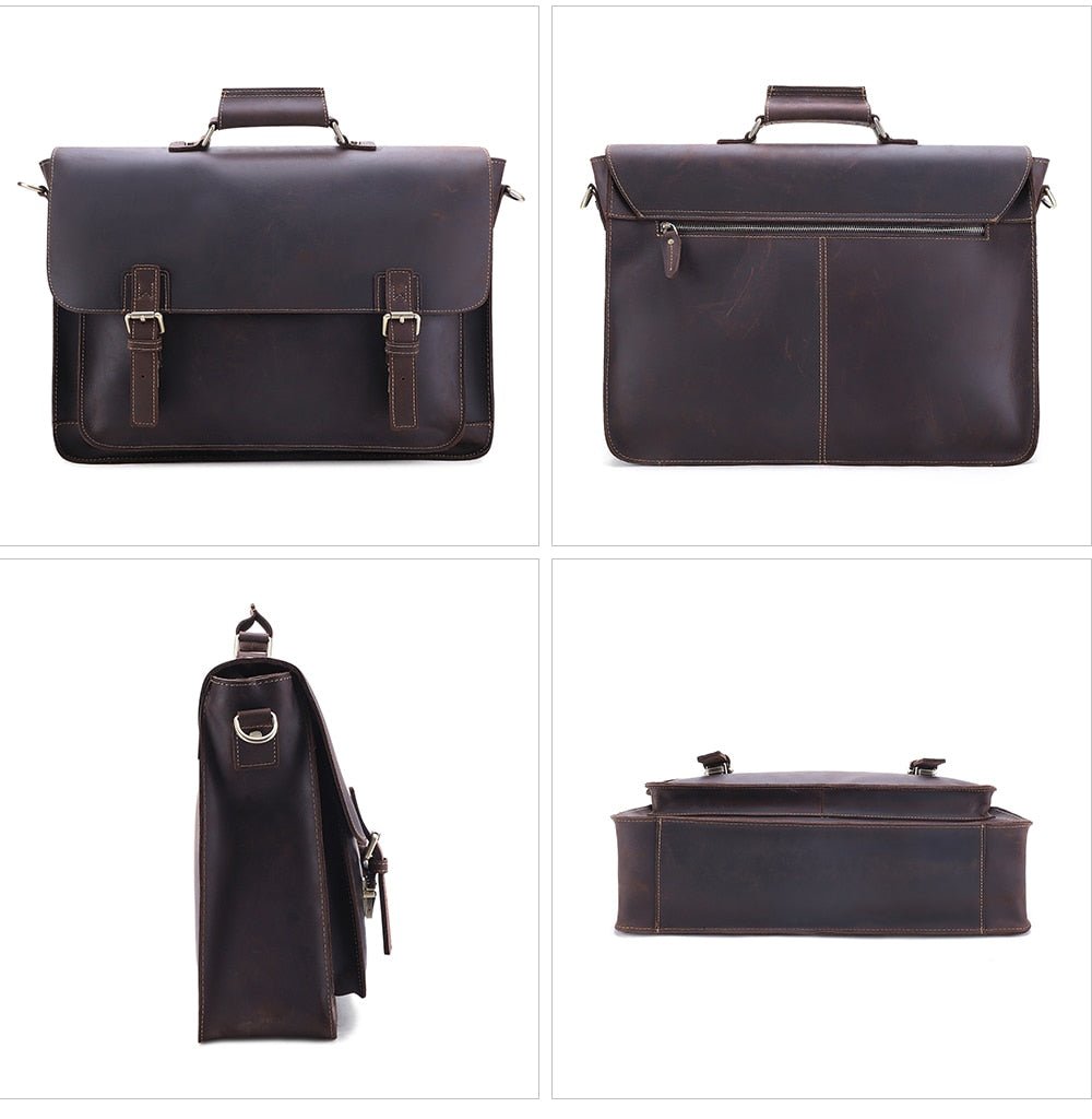 Crazy Horse Leather Large Briefcases Male Messenger Laptop Bag Vintage Men's Genuine Leather Briefcase Business Travel Bag-4