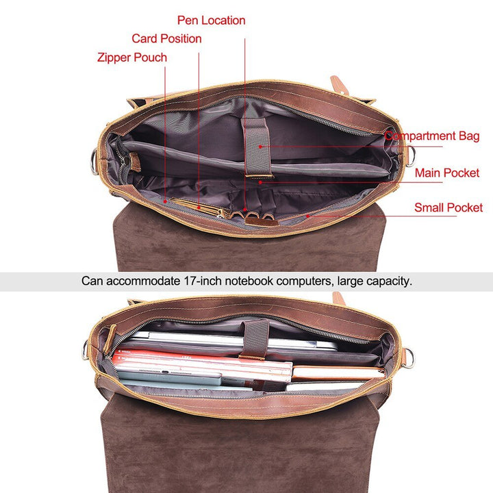 Crazy Horse Leather Large Briefcases Male Messenger Laptop Bag Vintage Men's Genuine Leather Briefcase Business Travel Bag-17