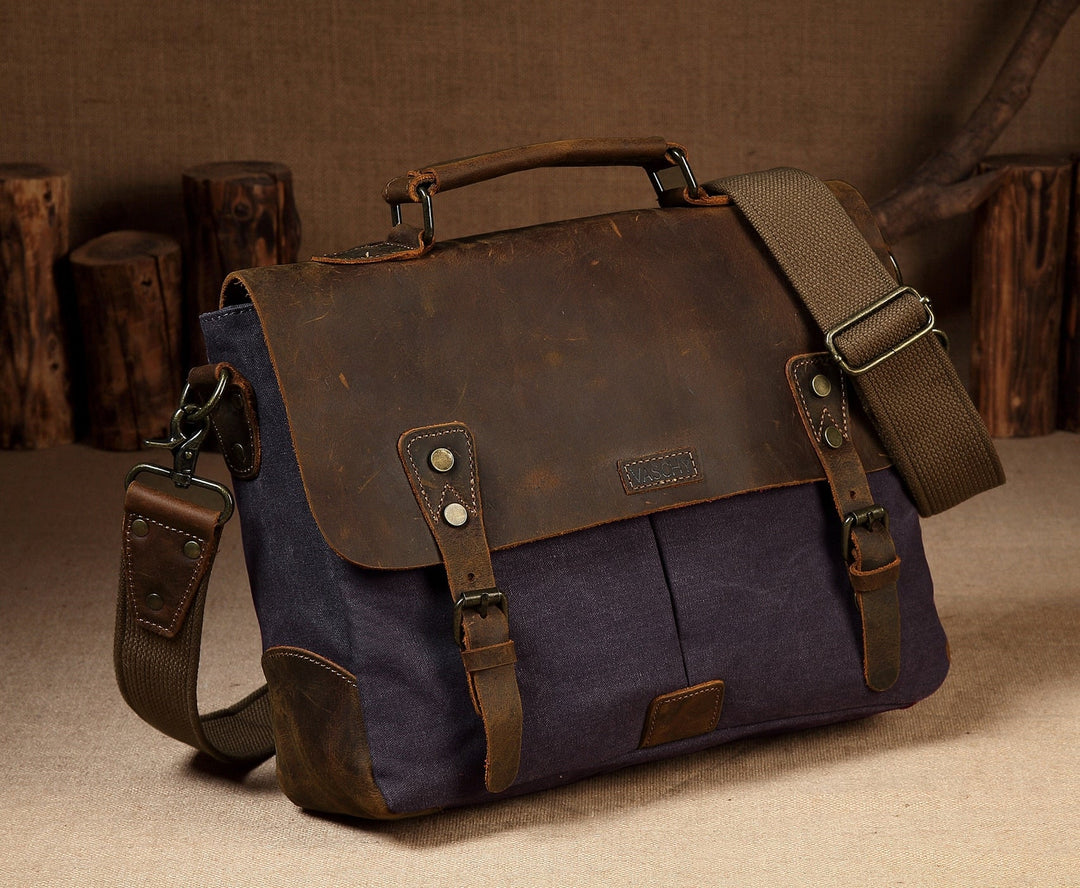 Messenger Bag Men Leather Genuine Leather Canvas 14inch Laptop Briefcase Crossbody Satchel Bag for Men-9