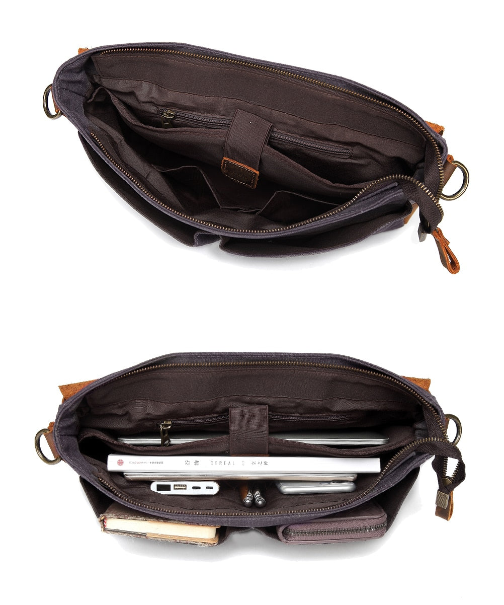 Messenger Bag Men Leather Genuine Leather Canvas 14inch Laptop Briefcase Crossbody Satchel Bag for Men-8