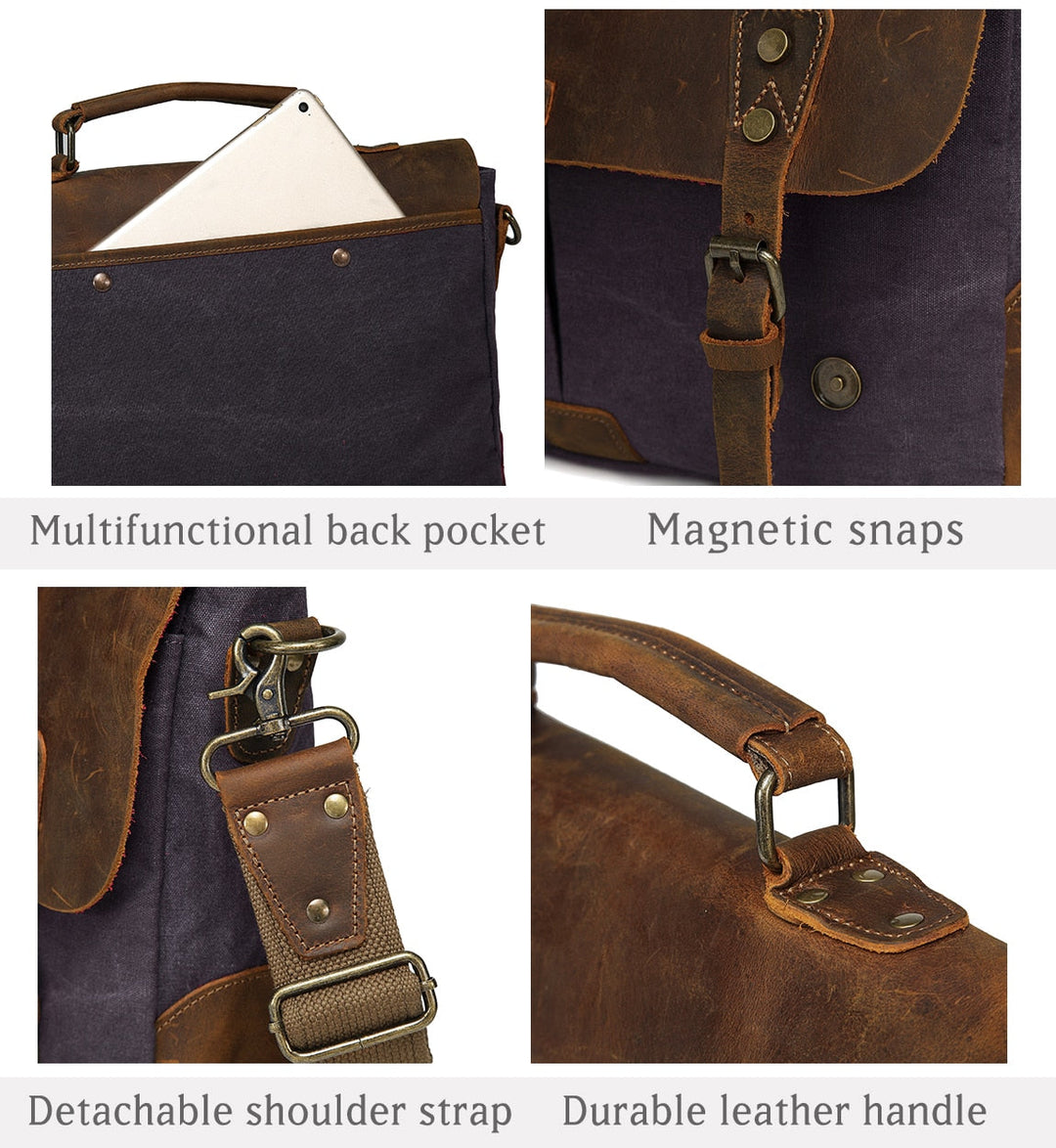 Messenger Bag Men Leather Genuine Leather Canvas 14inch Laptop Briefcase Crossbody Satchel Bag for Men-6