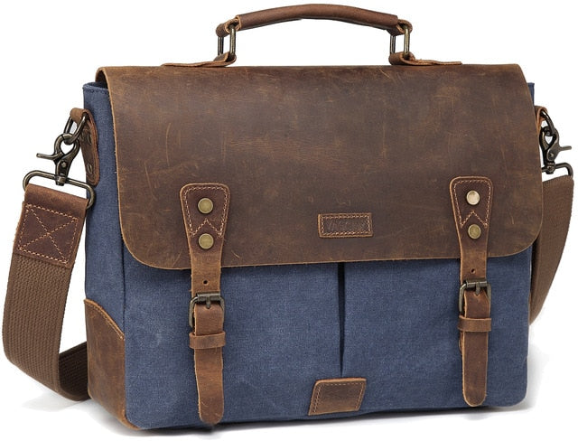 Messenger Bag Men Leather Genuine Leather Canvas 14inch Laptop Briefcase Crossbody Satchel Bag for Men-12