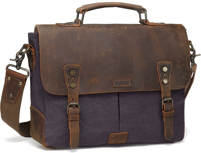 Messenger Bag Men Leather Genuine Leather Canvas 14inch Laptop Briefcase Crossbody Satchel Bag for Men-2