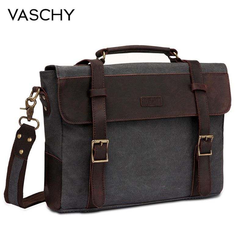 Men Vintage Briefcase Genuine Leather Canvas Messenger Bag for Men Business Shoulder Bag Fits 14 inch Laptop Handbag-2