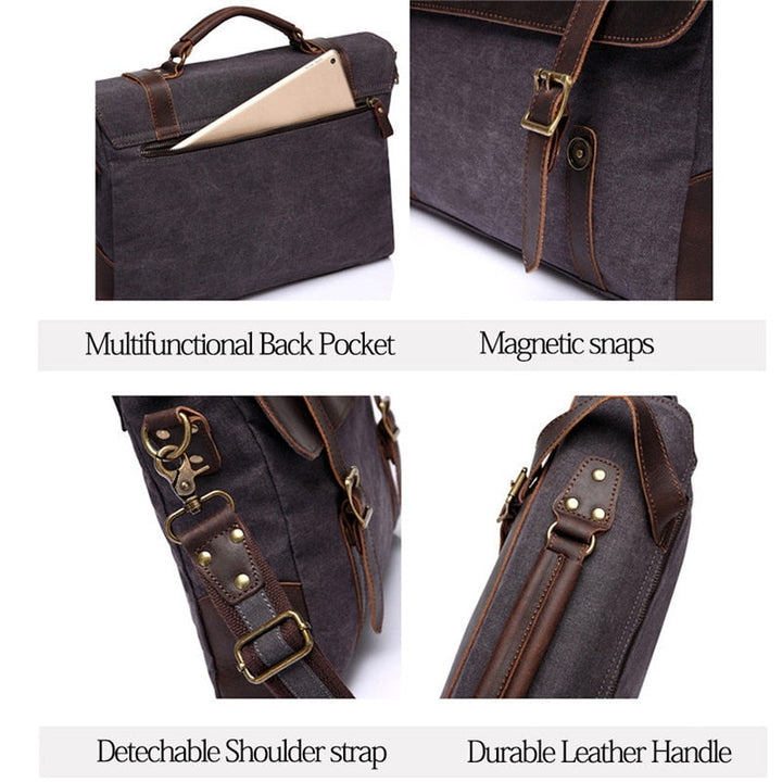 Men Vintage Briefcase Genuine Leather Canvas Messenger Bag for Men Business Shoulder Bag Fits 14 inch Laptop Handbag-9