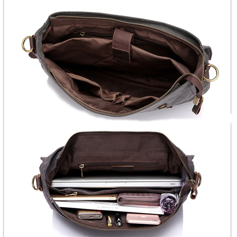 Men Vintage Briefcase Genuine Leather Canvas Messenger Bag for Men Business Shoulder Bag Fits 14 inch Laptop Handbag-13