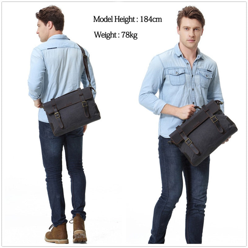 Men Vintage Briefcase Genuine Leather Canvas Messenger Bag for Men Business Shoulder Bag Fits 14 inch Laptop Handbag-14