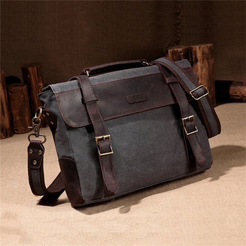 Men Vintage Briefcase Genuine Leather Canvas Messenger Bag for Men Business Shoulder Bag Fits 14 inch Laptop Handbag-0