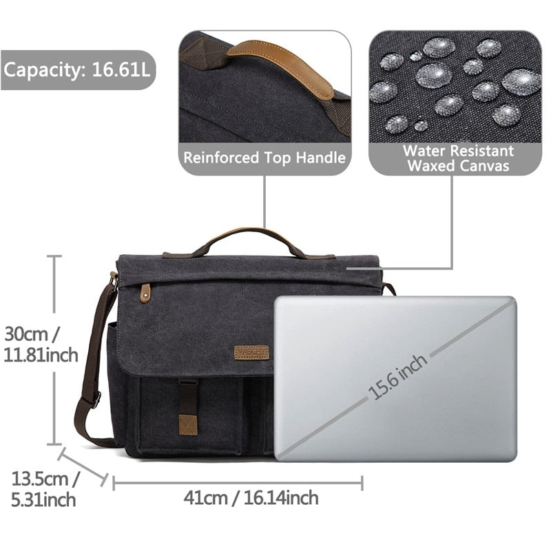 Messenger Bag for Men Vintage Water Resistant Waxed Canvas 15.6 inch Laptop Briefcase Padded Shoulder Bag for Men Women-3