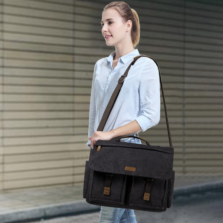 Messenger Bag for Men Vintage Water Resistant Waxed Canvas 15.6 inch Laptop Briefcase Padded Shoulder Bag for Men Women-7