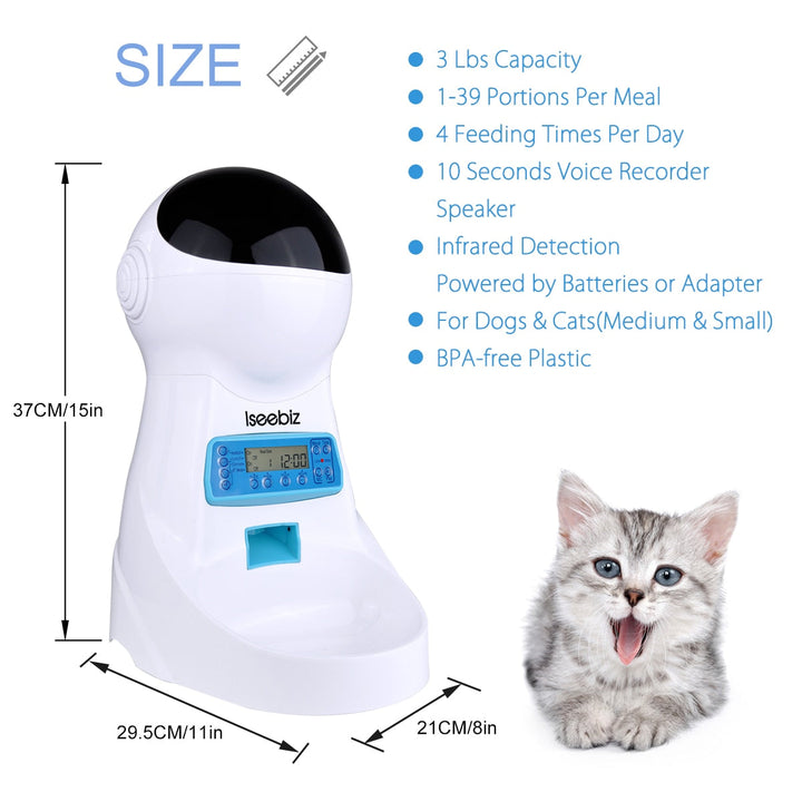 Iseebiz 3L Automatic Pet Feeder With Voice Record Pets Food Bowl For Medium Small Dog Cat LCD Screen Dispensers 4 Times One Day-10